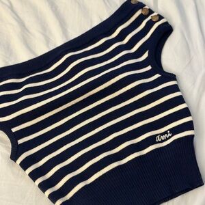 AMI Paris Merino Wool Navy off-shoulder Striped Top